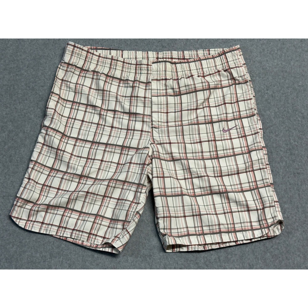 Nike Mens Large‎ Plaid White Gray Red Drawstring Shorts
